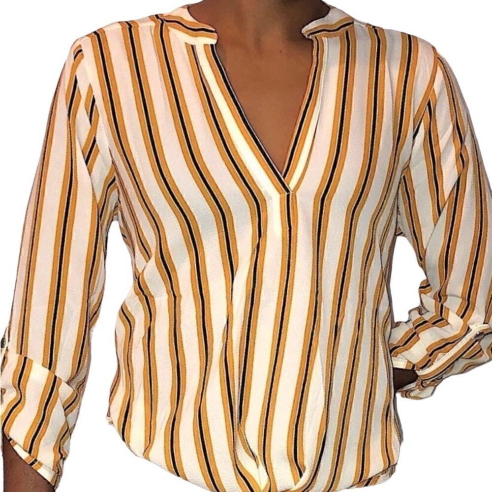 NWT NOTATIONS Off White Beige Cream Orange  Black Lines Long Sleeves Blouse